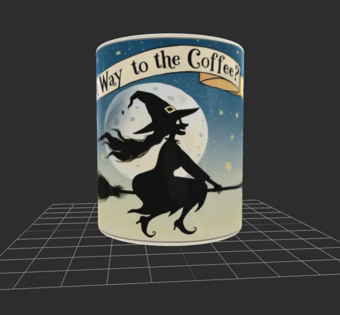 Witch Way to the Coffee 11oz Mug - Funny Witch Cat Moon Stars