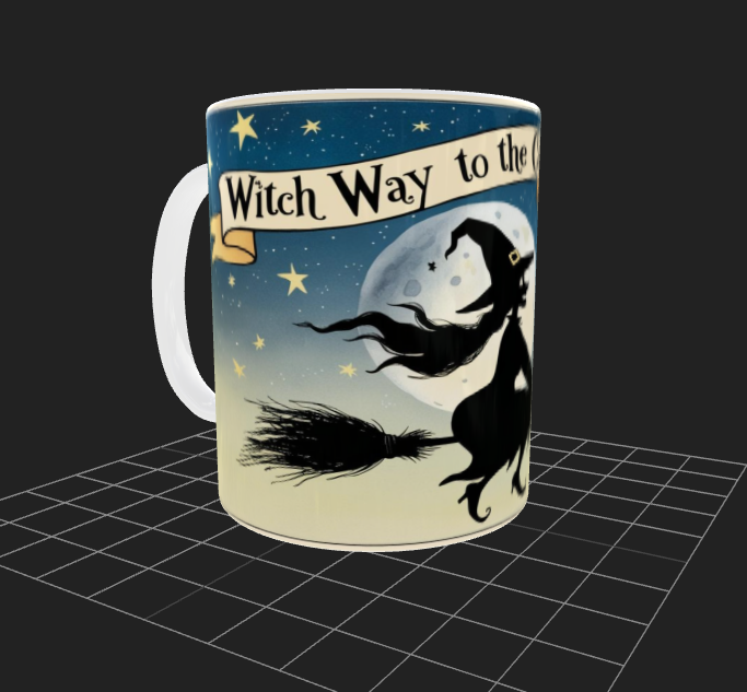 Witch Way to the Coffee 11oz Mug - Funny Witch Cat Moon Stars