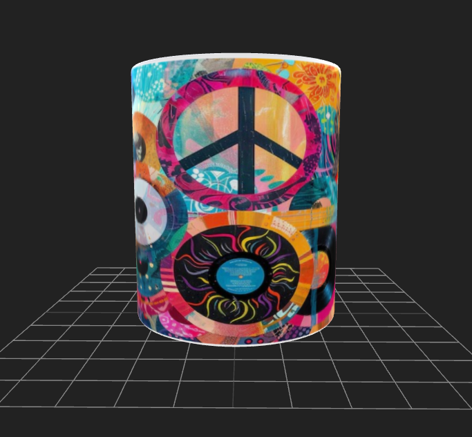 🎸 Peace, Love & Vinyl – Colorful Retro Art Mug – 11oz Ceramic Coffee Cup 🎶